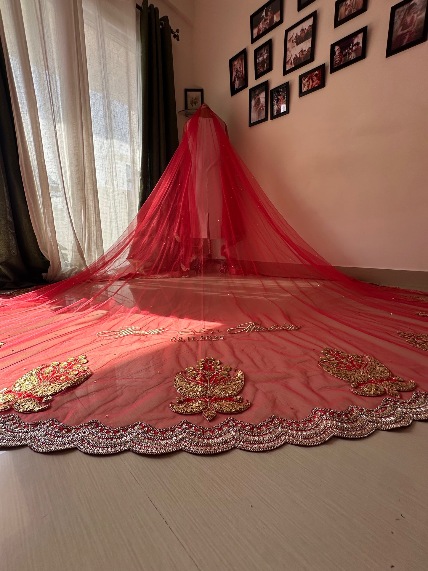 Ruhani – A Sabyasachi-Inspired Red Bridal Veil with Gold Sequins & Handcrafted Motifs