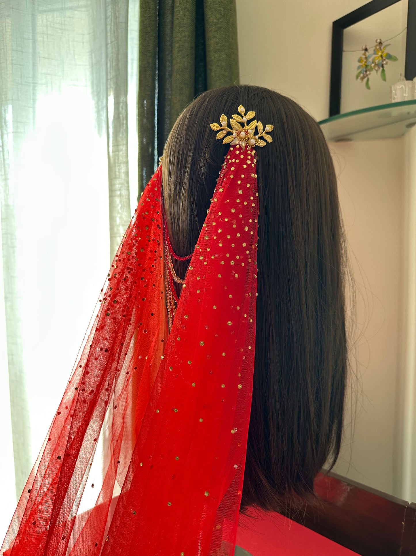 Arwyn : The jewelled Red Draped Veil with Greek-Floral hair accessories and Zircon Stone embellishment