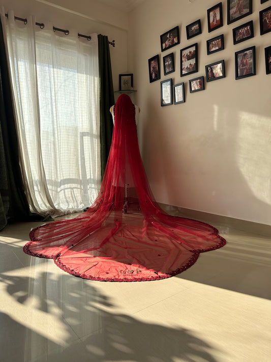 Maroon Majesty : The Five-Petal Cut Veil with Personalised Initials