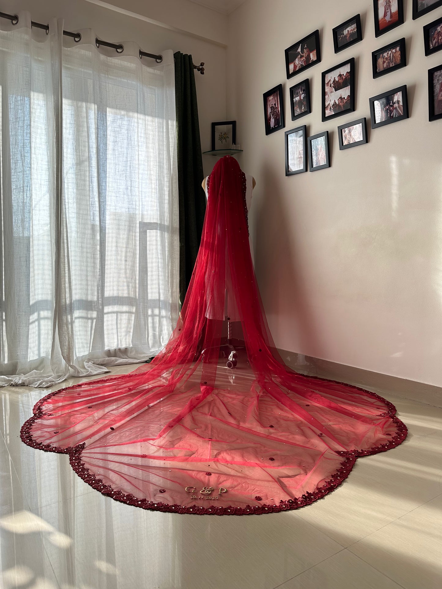 Maroon Majesty : The Five-Petal Cut Veil with Personalised Initials