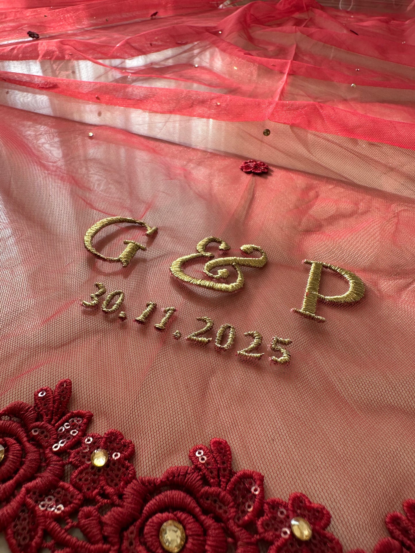 Maroon Majesty : The Five-Petal Cut Veil with Personalised Initials