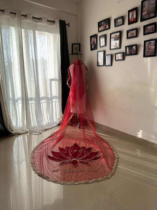 Divine Bloom – Maroon Bridal Veil with Lotus Appliqué and Personalized Elegance