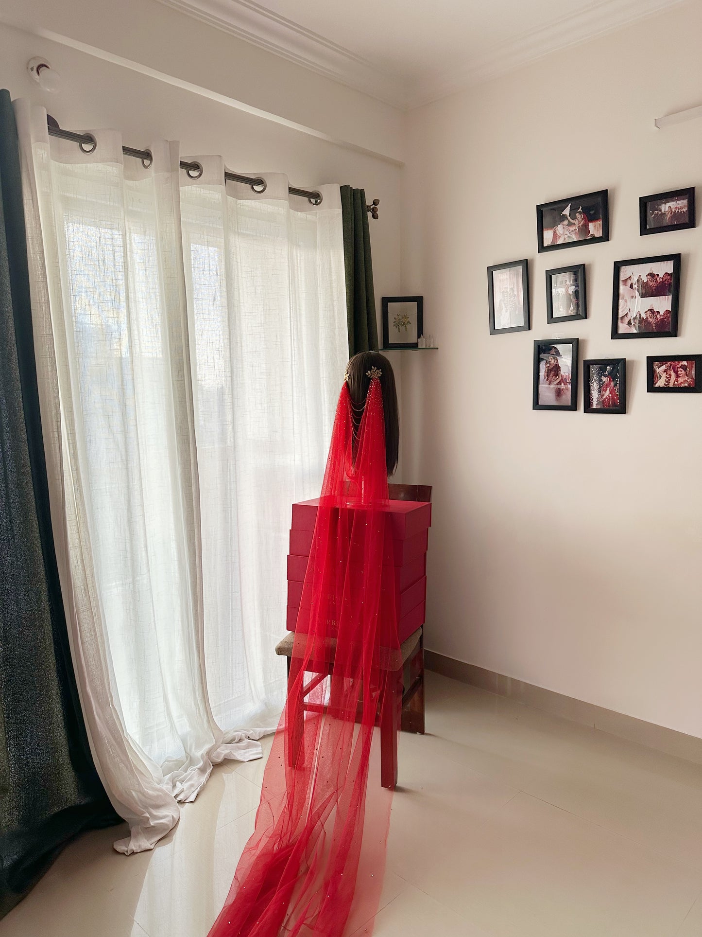 Arwyn : The jewelled Red Draped Veil with Greek-Floral hair accessories and Zircon Stone embellishment