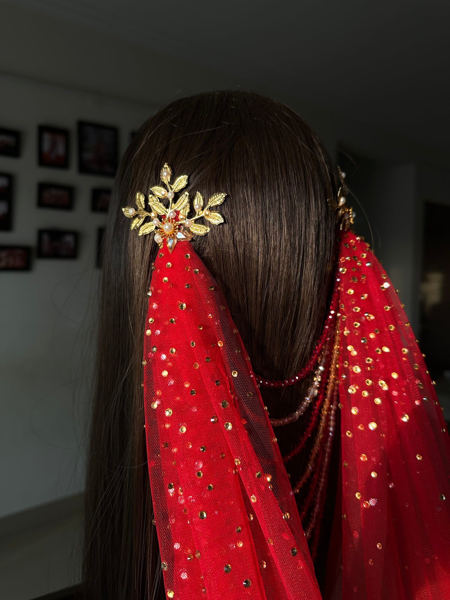 Arwyn : The jewelled Red Draped Veil with Greek-Floral hair accessories and Zircon Stone embellishment