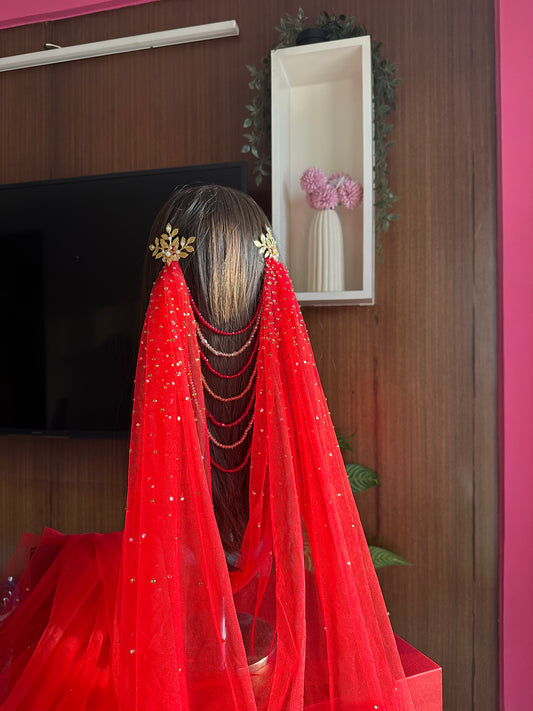 Arwyn : The jewelled Red Draped Veil with Greek-Floral hair accessories and Zircon Stone embellishment