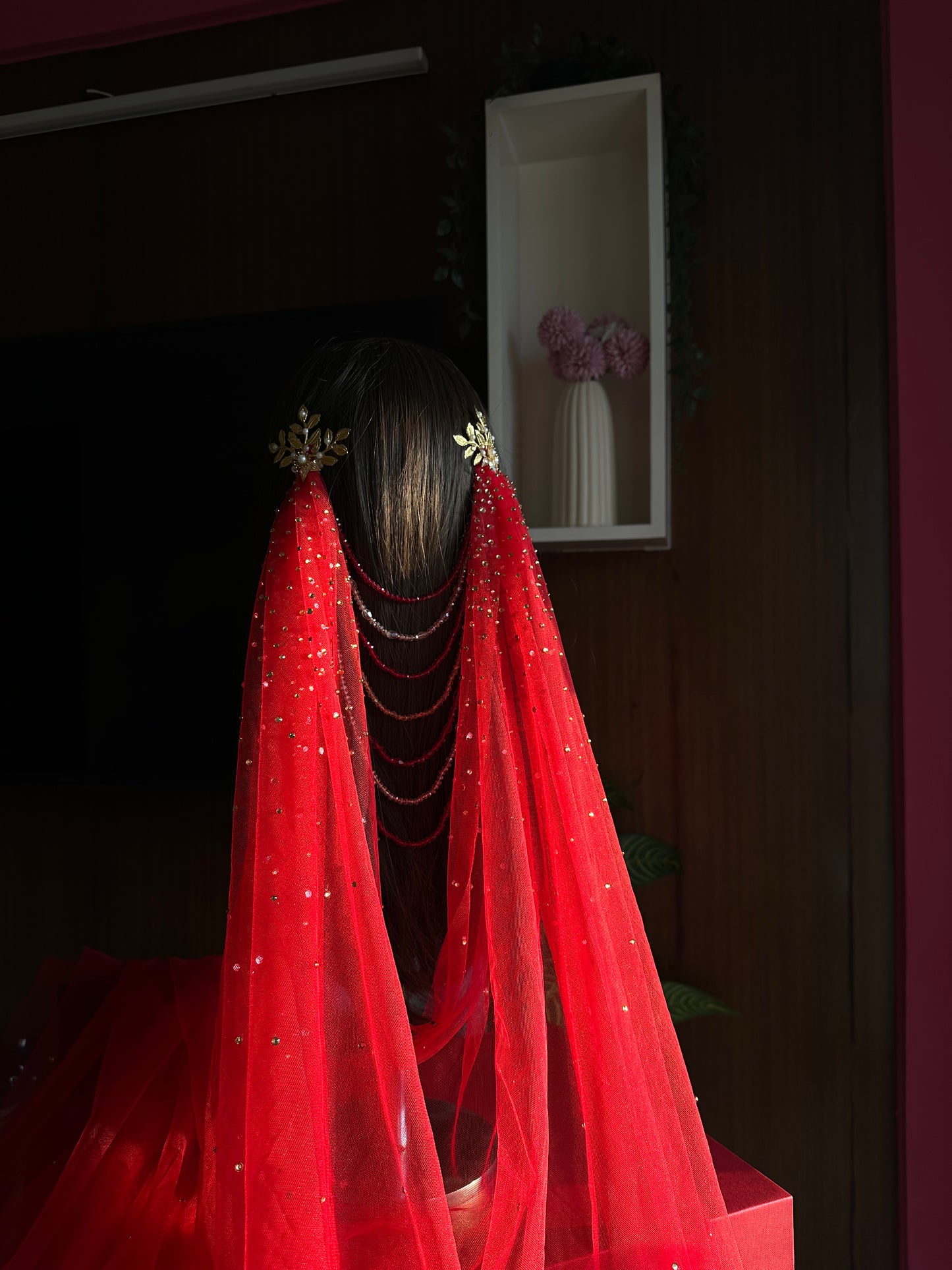 Arwyn : The jewelled Red Draped Veil with Greek-Floral hair accessories and Zircon Stone embellishment