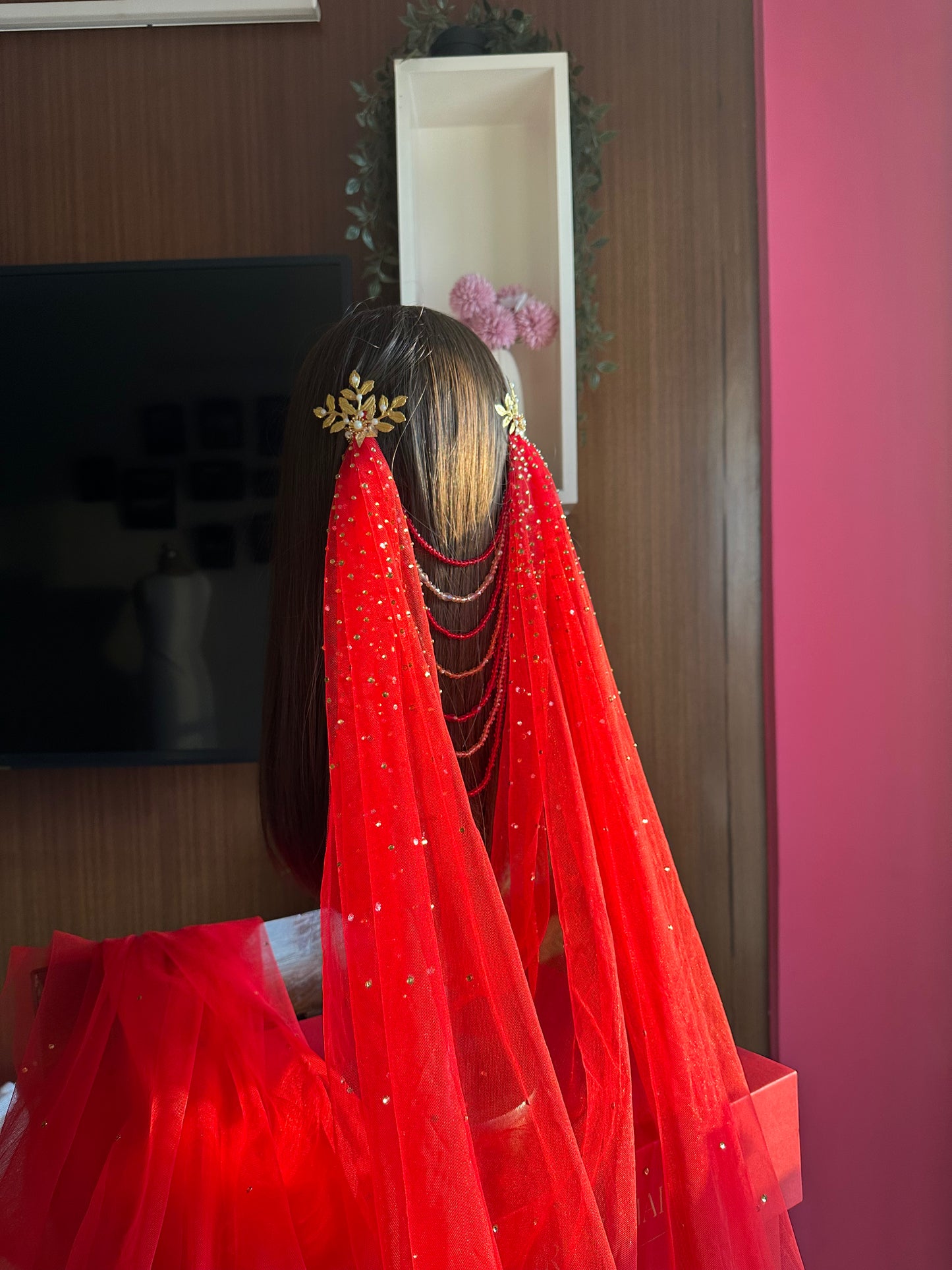 Arwyn : The jewelled Red Draped Veil with Greek-Floral hair accessories and Zircon Stone embellishment