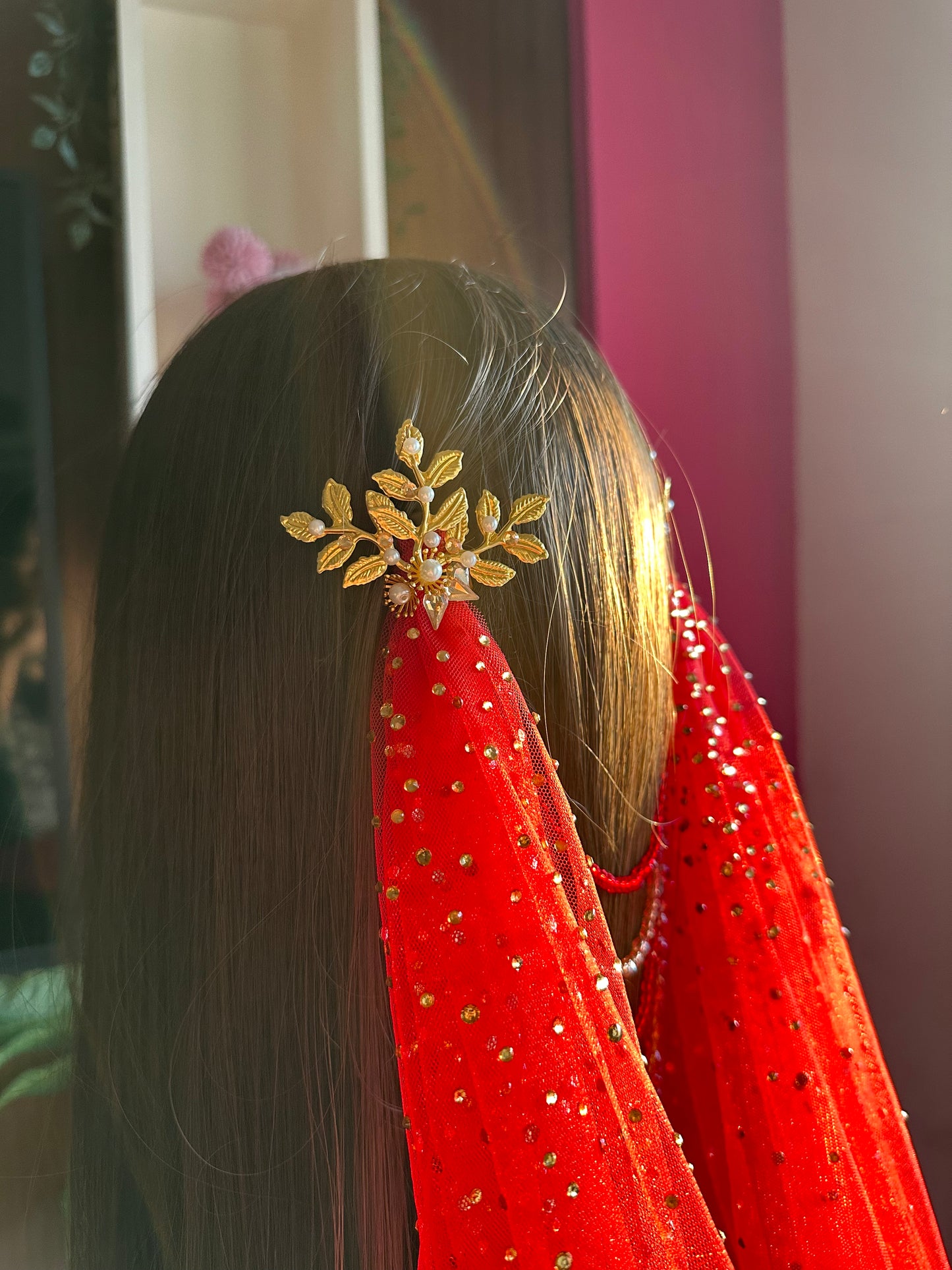 Arwyn : The jewelled Red Draped Veil with Greek-Floral hair accessories and Zircon Stone embellishment