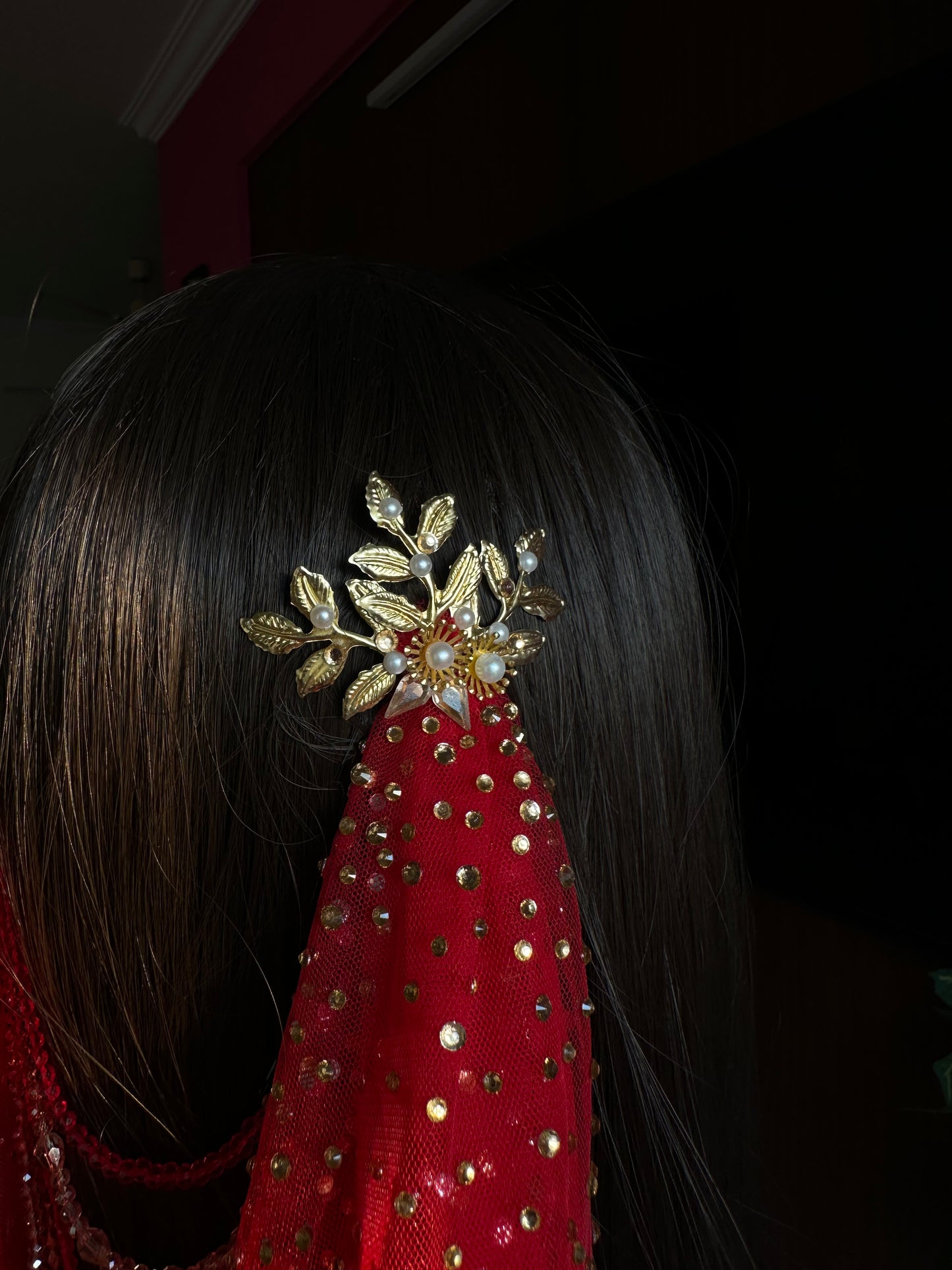 Arwyn : The jewelled Red Draped Veil with Greek-Floral hair accessories and Zircon Stone embellishment