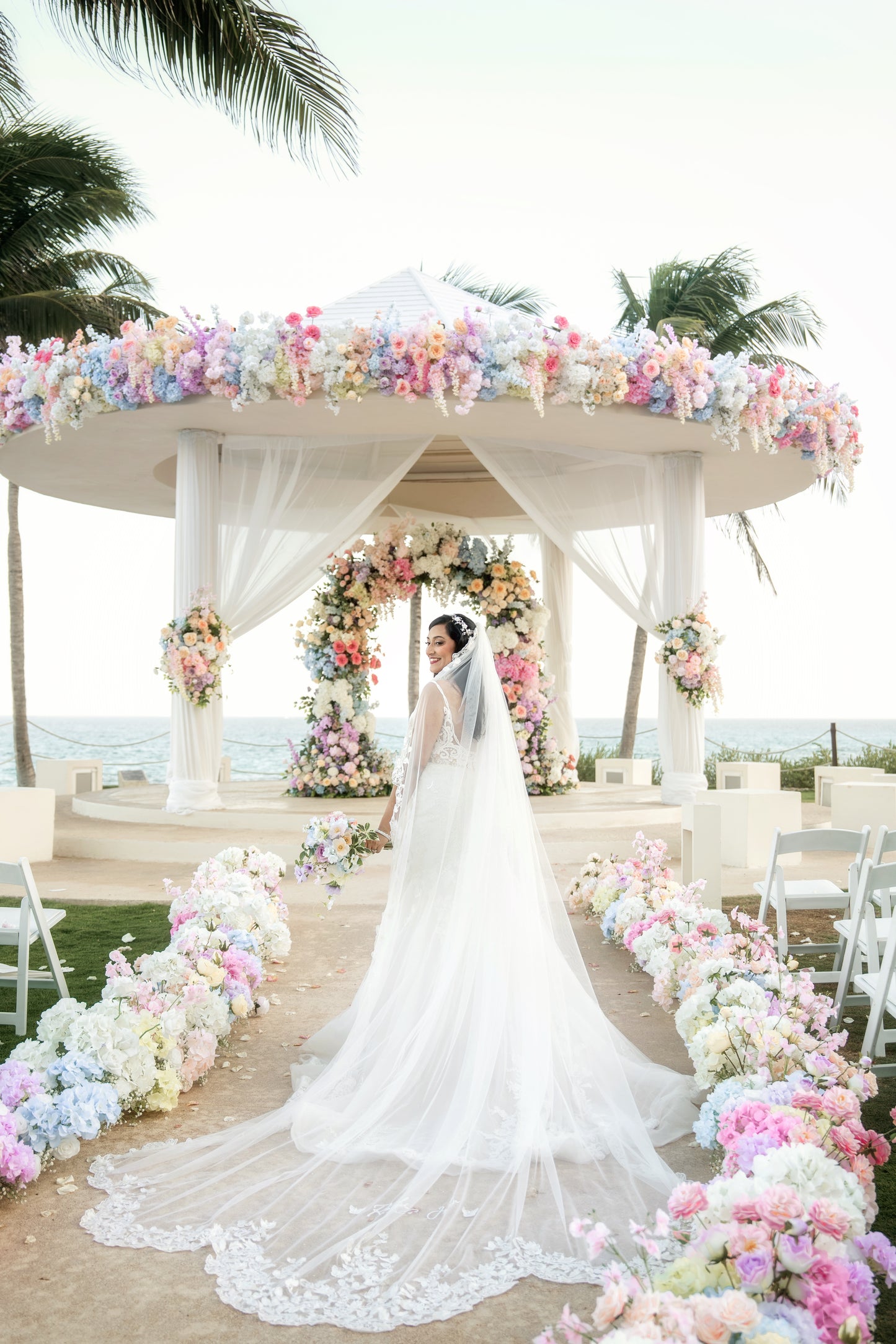 Love Story Veil : Ivory White Cathedral Petal Cut custom hand embroidered floral veil with love story personalisation