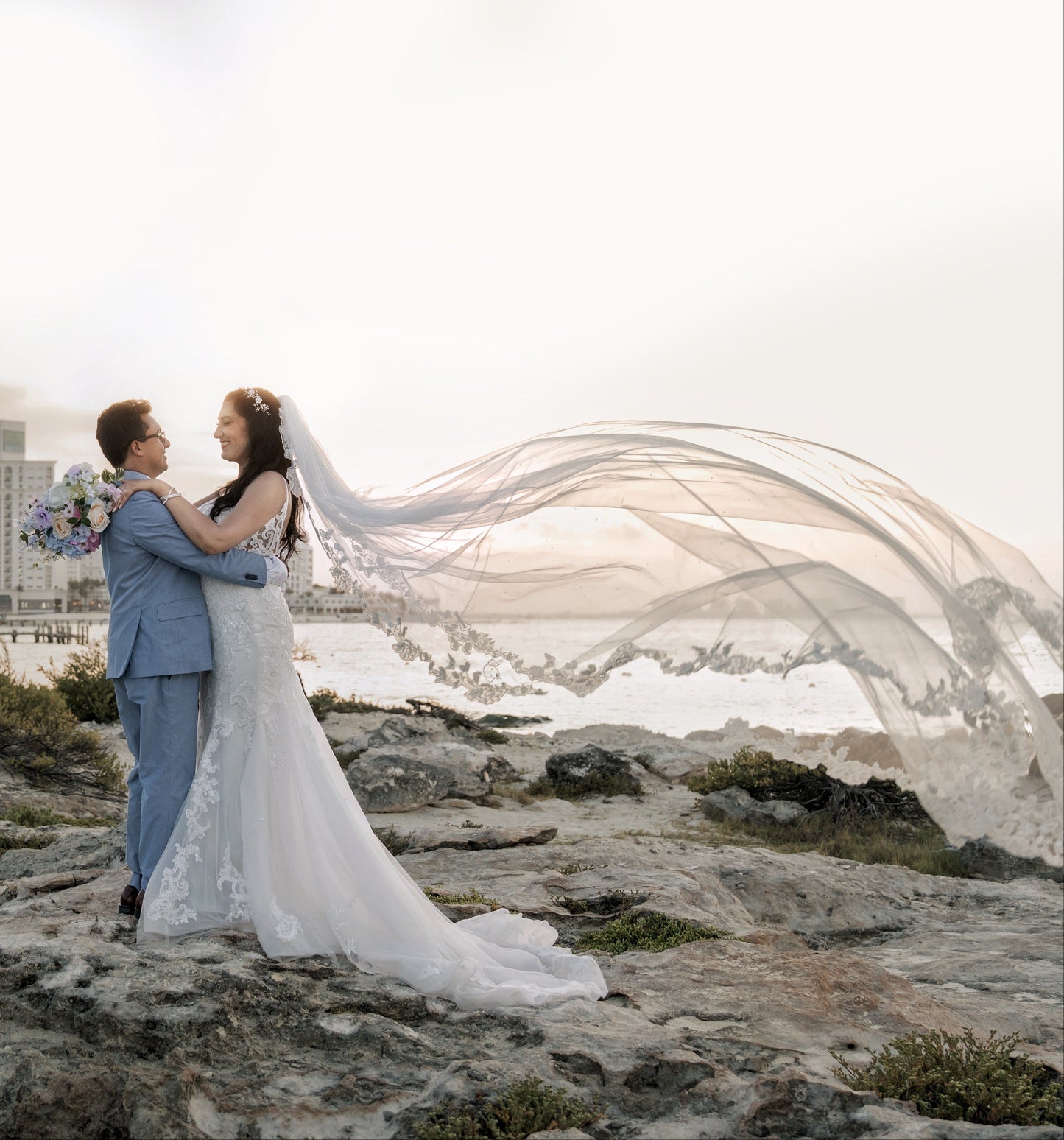 Love Story Veil : Ivory White Cathedral Petal Cut custom hand embroidered floral veil with love story personalisation