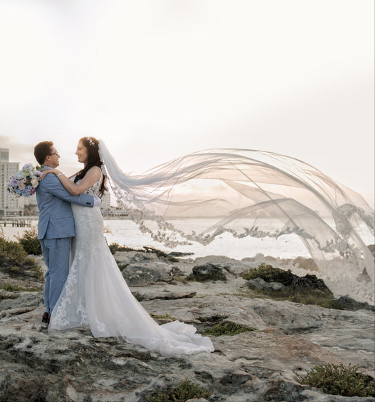 Love Story Veil : White Cathedral Petal Cut custom hand embroidered floral veil with love story personalisation