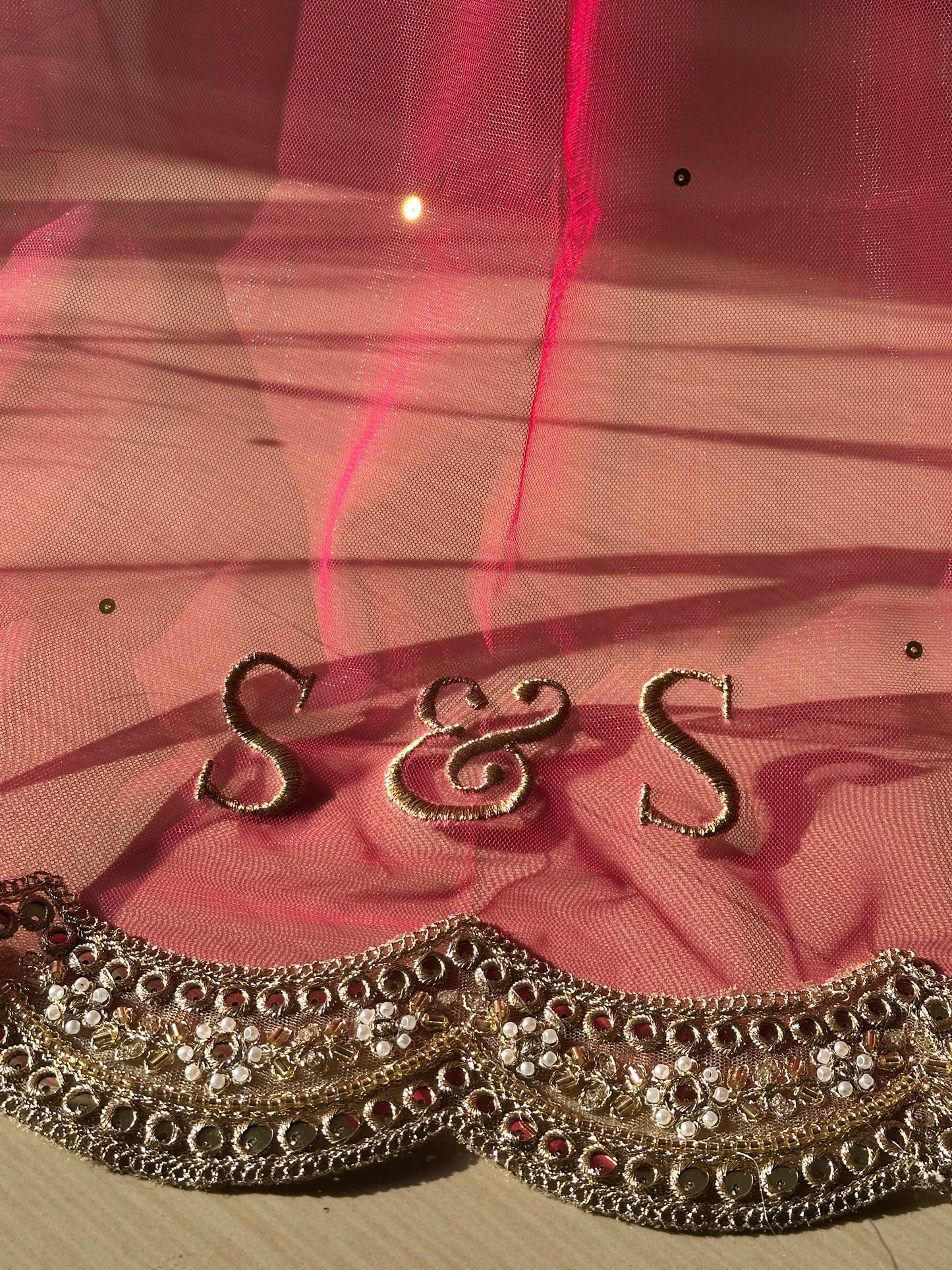 Gulaabo : Chapel Length Rani pink Veil with Initials Personalised