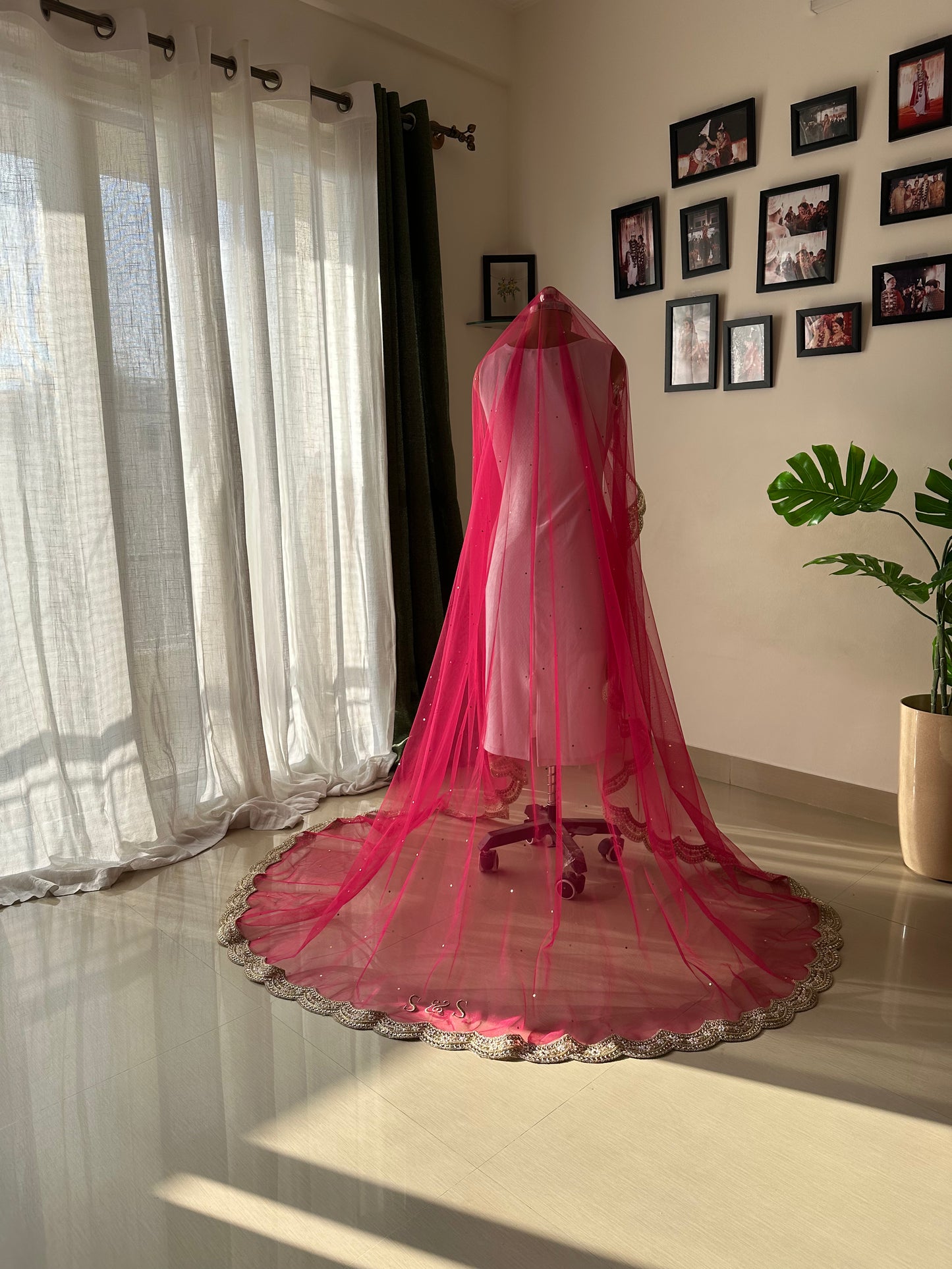Gulaabo : Chapel Length Rani pink Veil with Initials Personalised