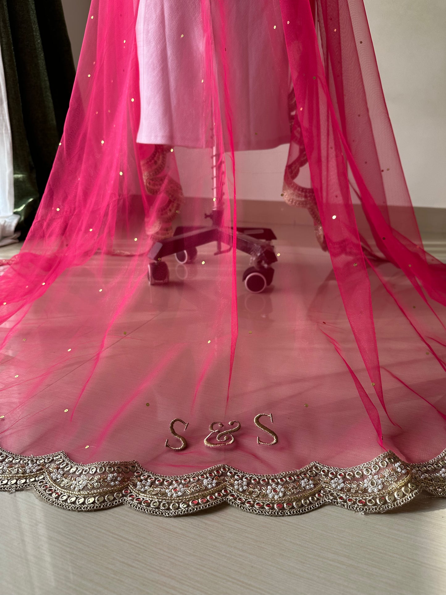 Gulaabo : Chapel Length Rani pink Veil with Initials Personalised