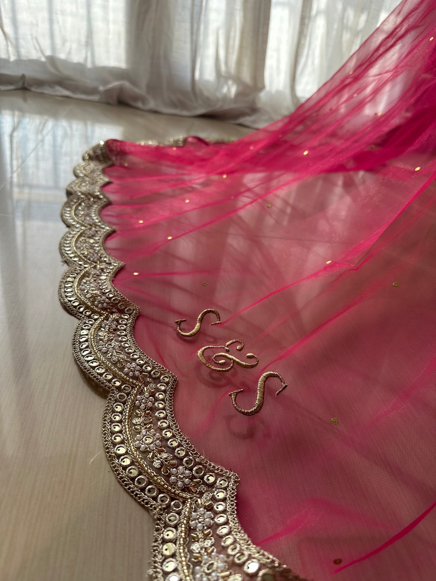 Gulaabo : Chapel Length Rani pink Veil with Initials Personalised
