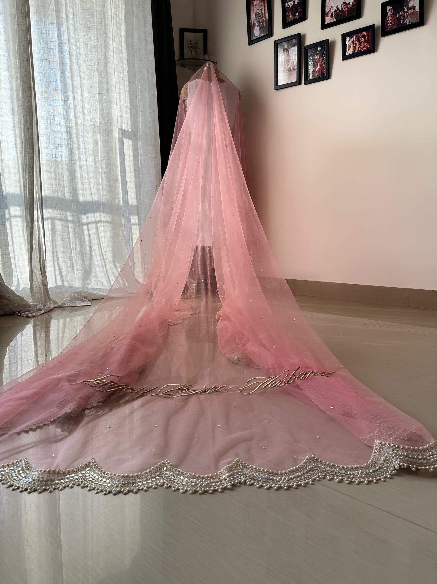 Blush Aura Veil : A blush pink Cathedral length Veil with a Personalised quote