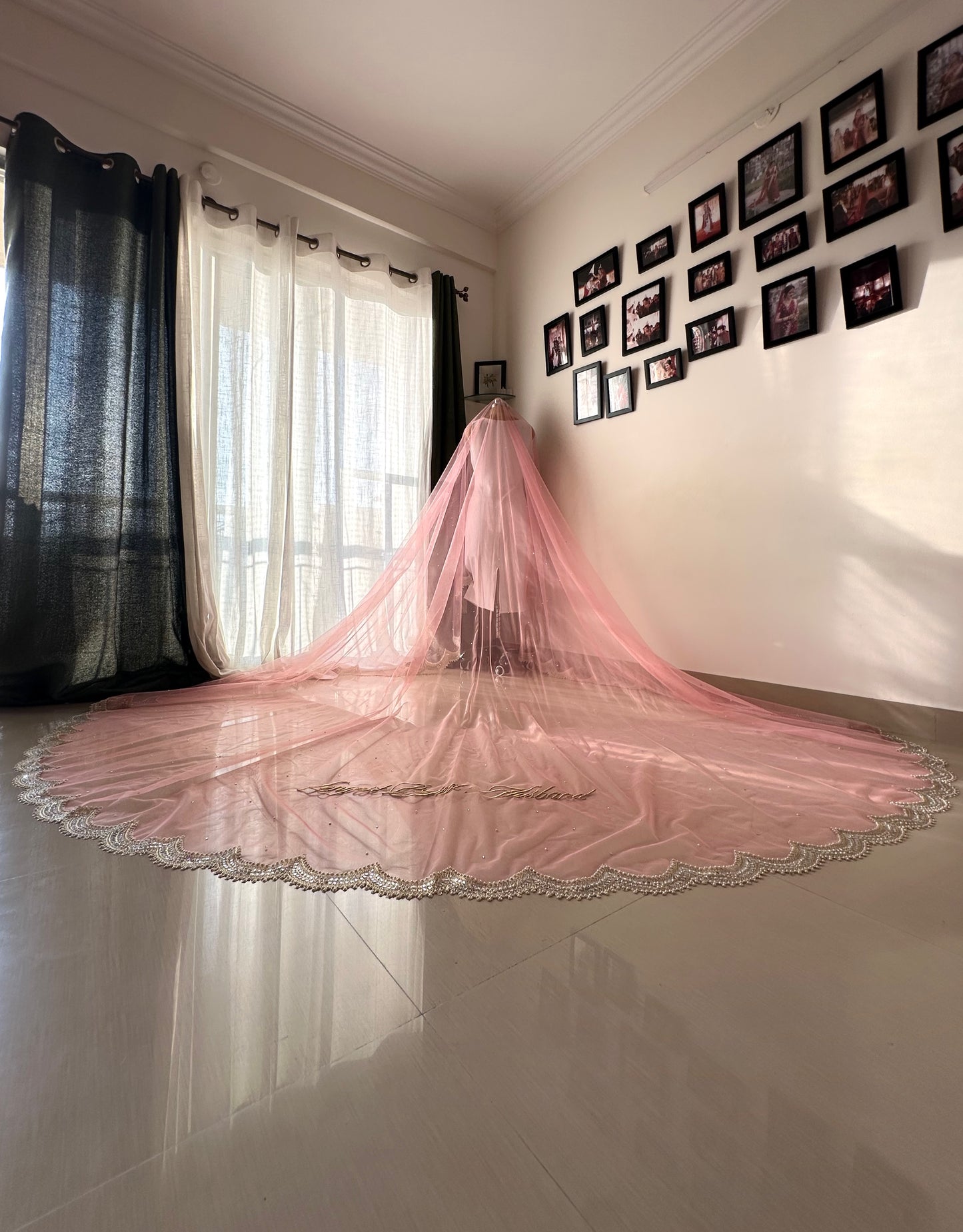 Blush Aura Veil : A blush pink Cathedral length Veil with a Personalised quote