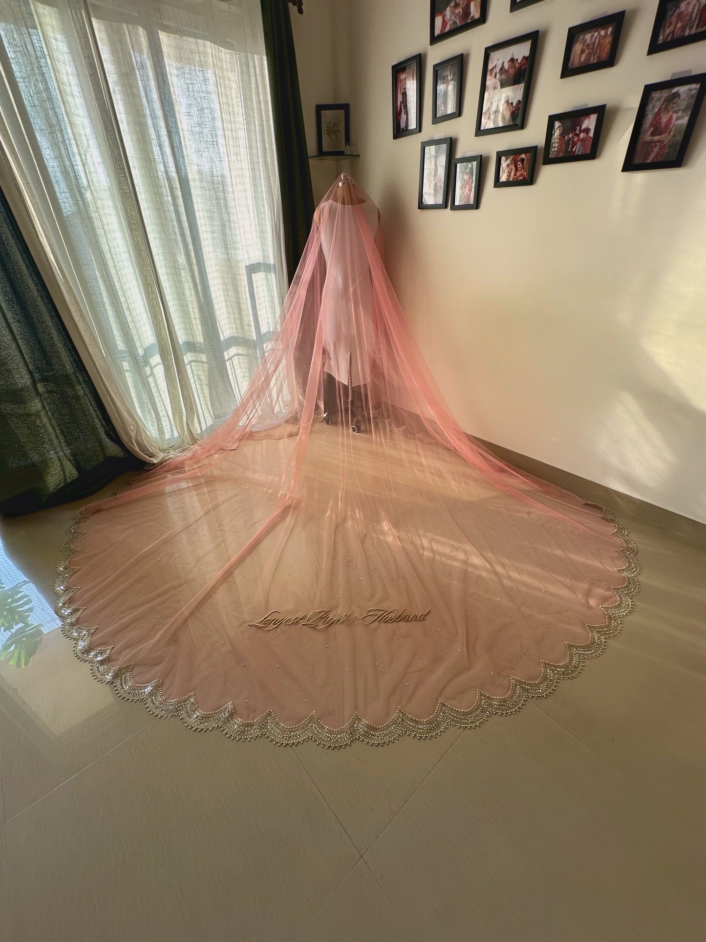 Blush Aura Veil : A blush pink Cathedral length Veil with a Personalised quote