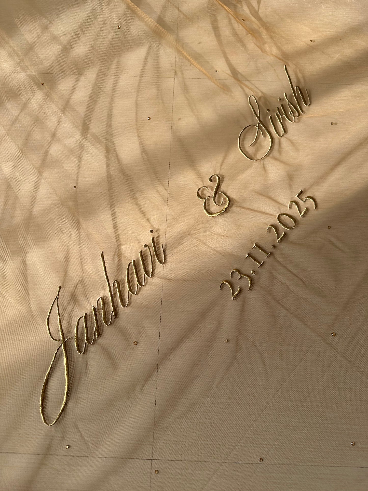 Golden Hour : A Love story veil in Golden with 10 Storytelling Motifs and Cut-work Floral Border