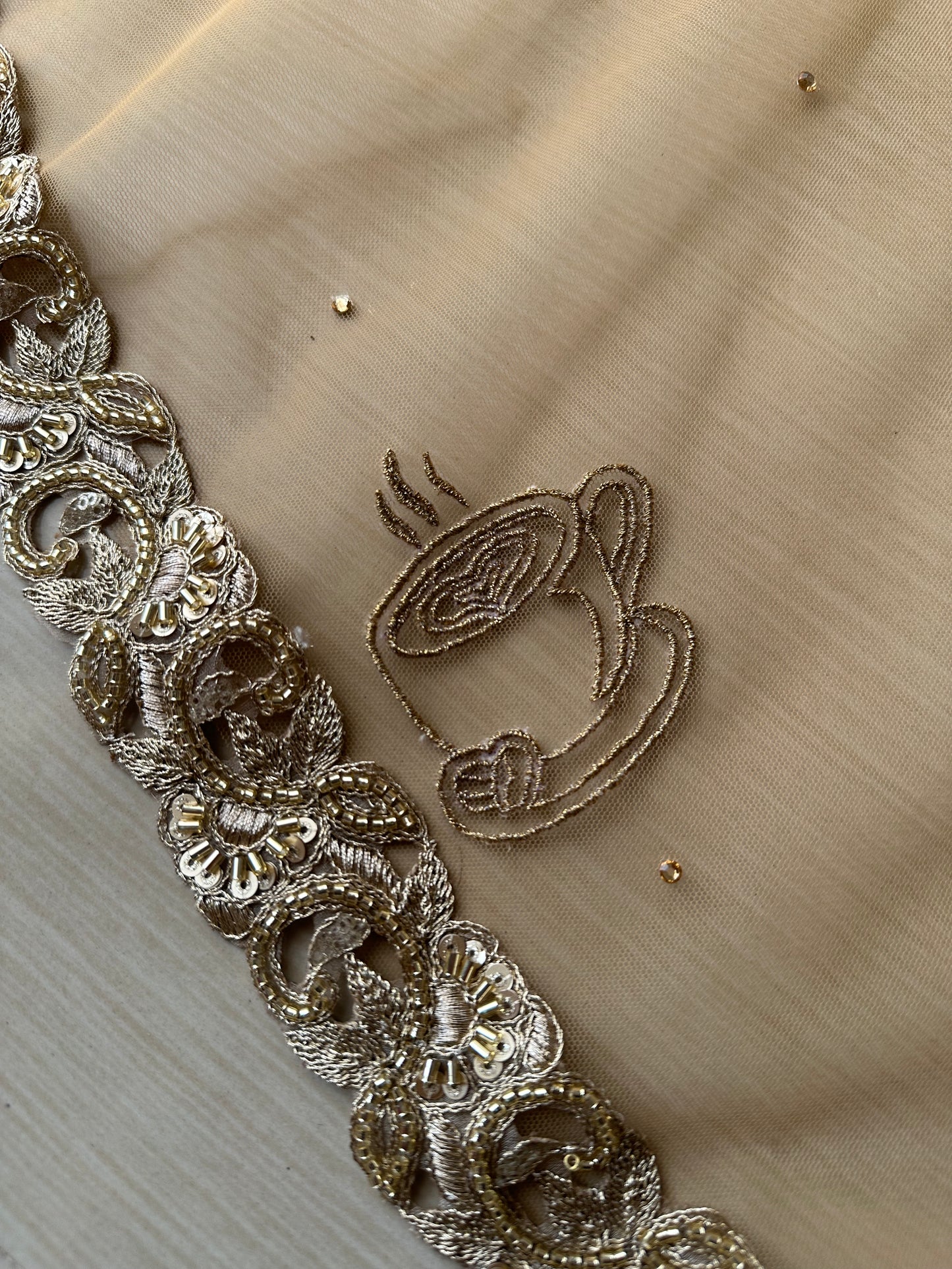 Golden Hour : A Love story veil in Golden with 10 Storytelling Motifs and Cut-work Floral Border