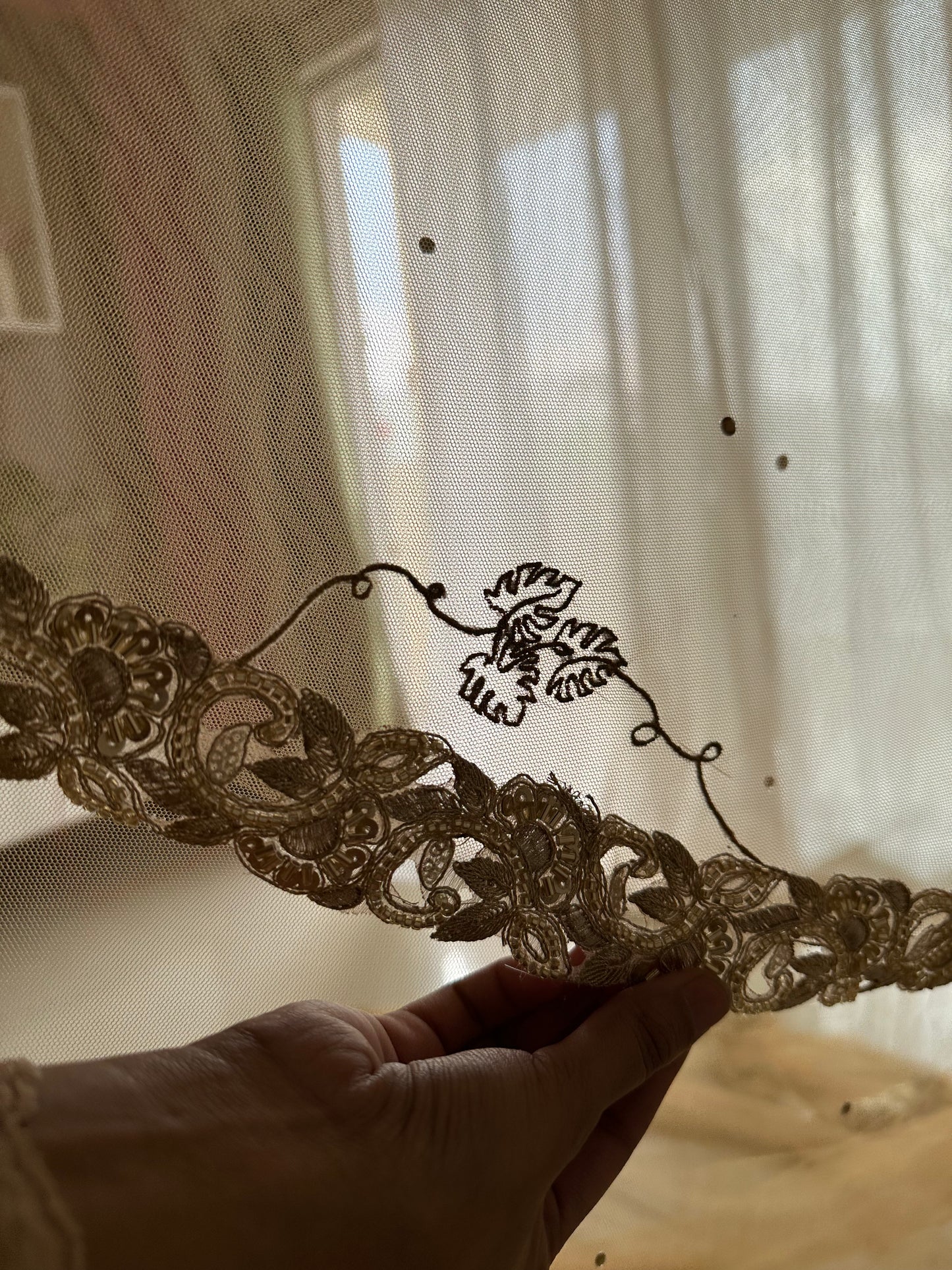 Golden Hour : A Love story veil in Golden with 10 Storytelling Motifs and Cut-work Floral Border