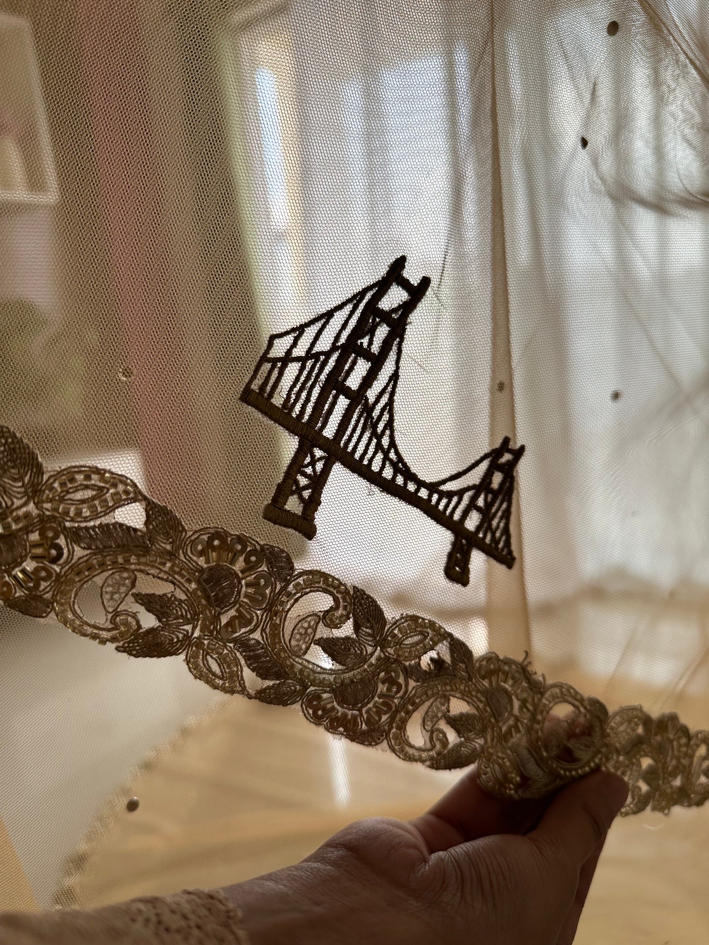 Golden Hour : A Love story veil in Golden with 10 Storytelling Motifs and Cut-work Floral Border