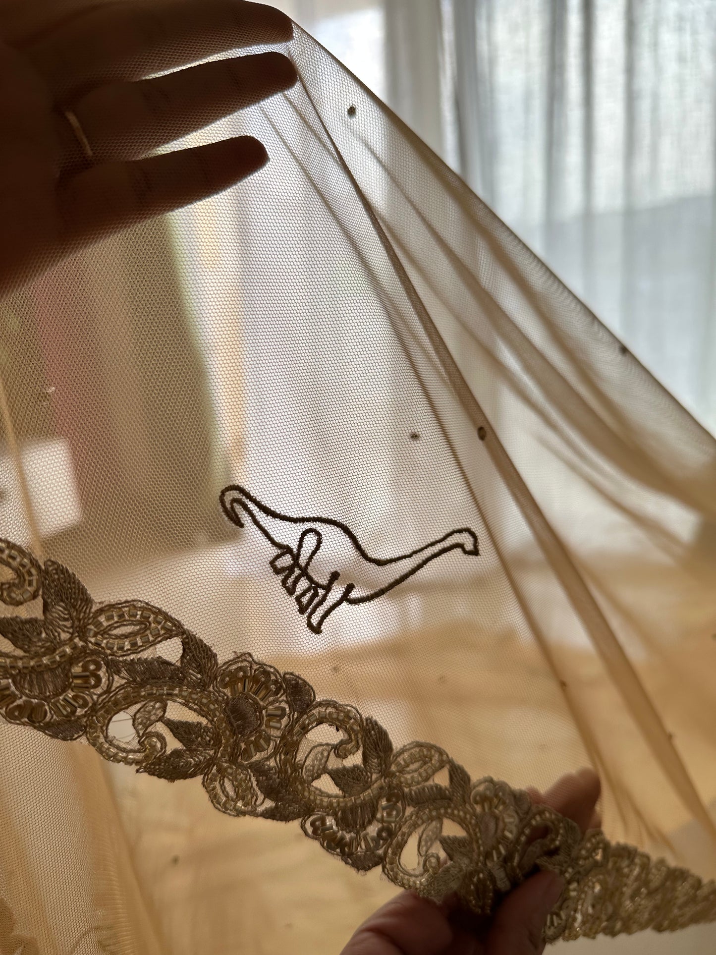 Golden Hour : A Love story veil in Golden with 10 Storytelling Motifs and Cut-work Floral Border