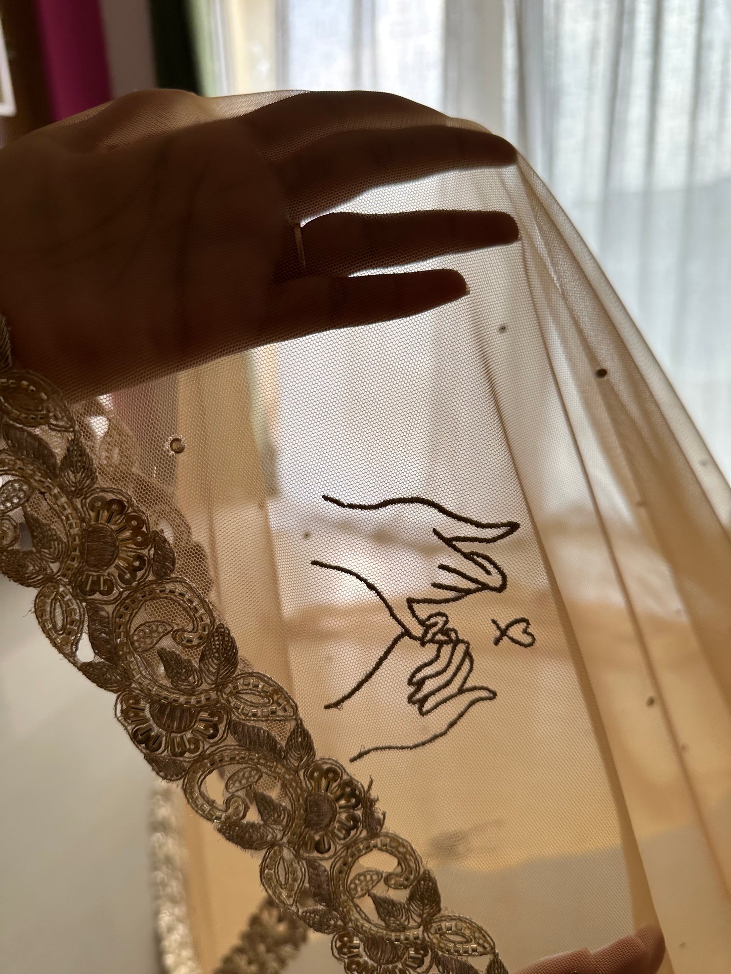 Golden Hour : A Love story veil in Golden with 10 Storytelling Motifs and Cut-work Floral Border