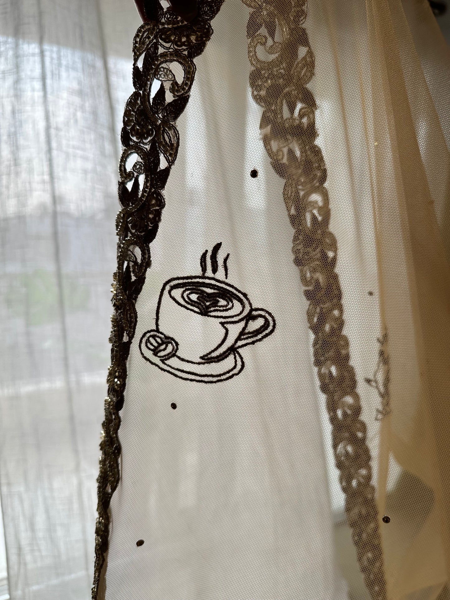 Golden Hour : A Love story veil in Golden with 10 Storytelling Motifs and Cut-work Floral Border