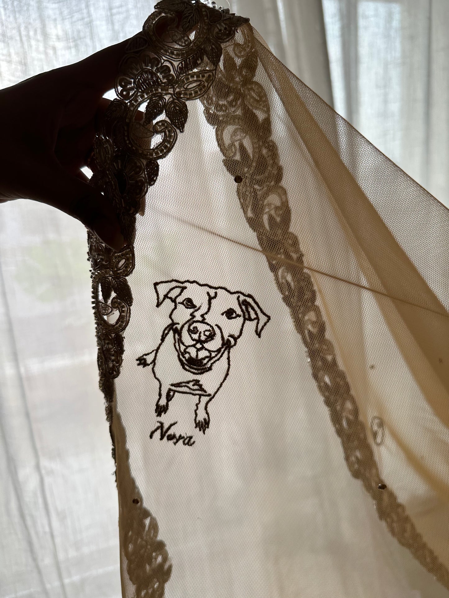 Golden Hour : A Love story veil in Golden with 10 Storytelling Motifs and Cut-work Floral Border