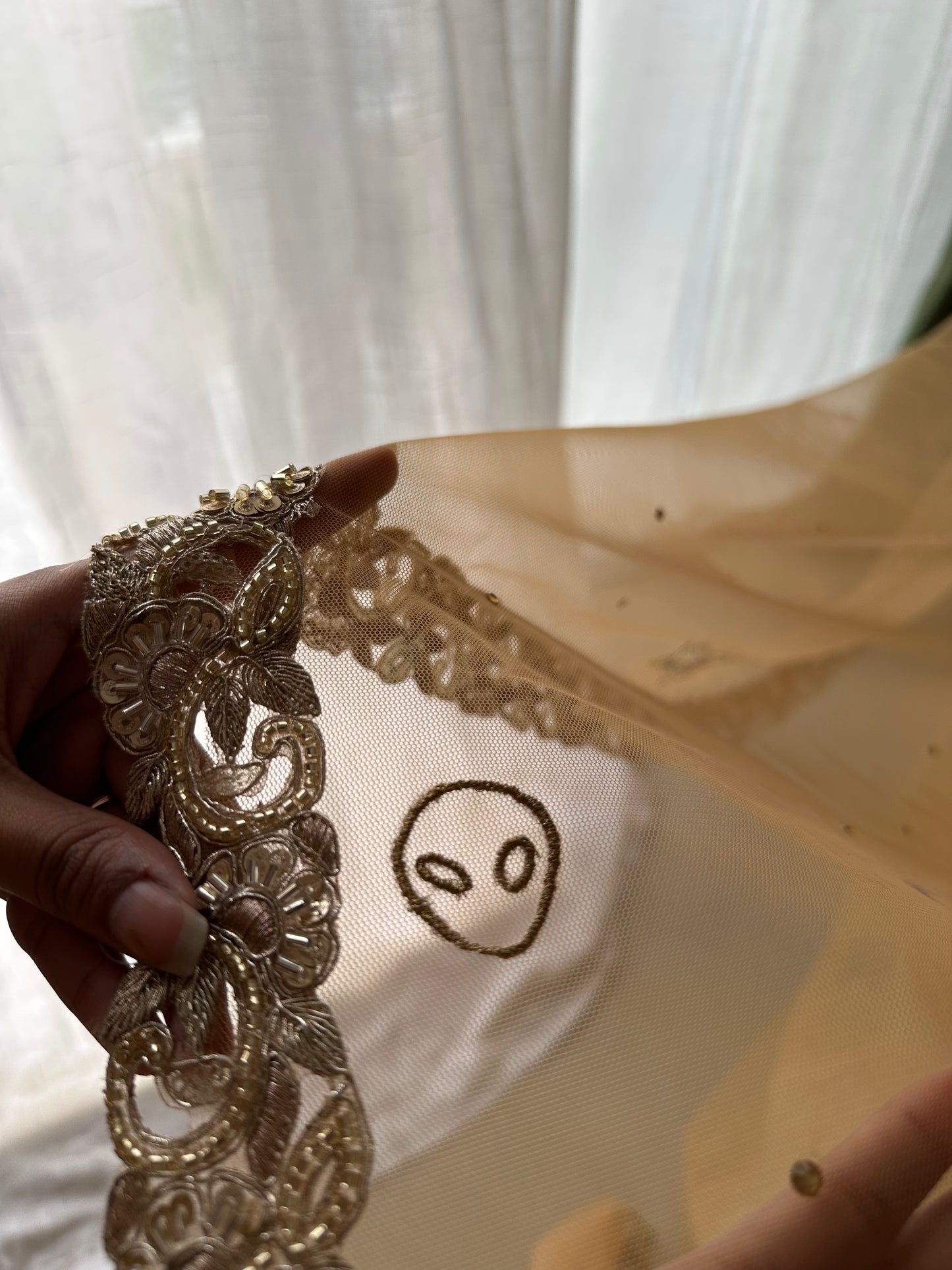 Golden Hour : A Love story veil in Golden with 10 Storytelling Motifs and Cut-work Floral Border