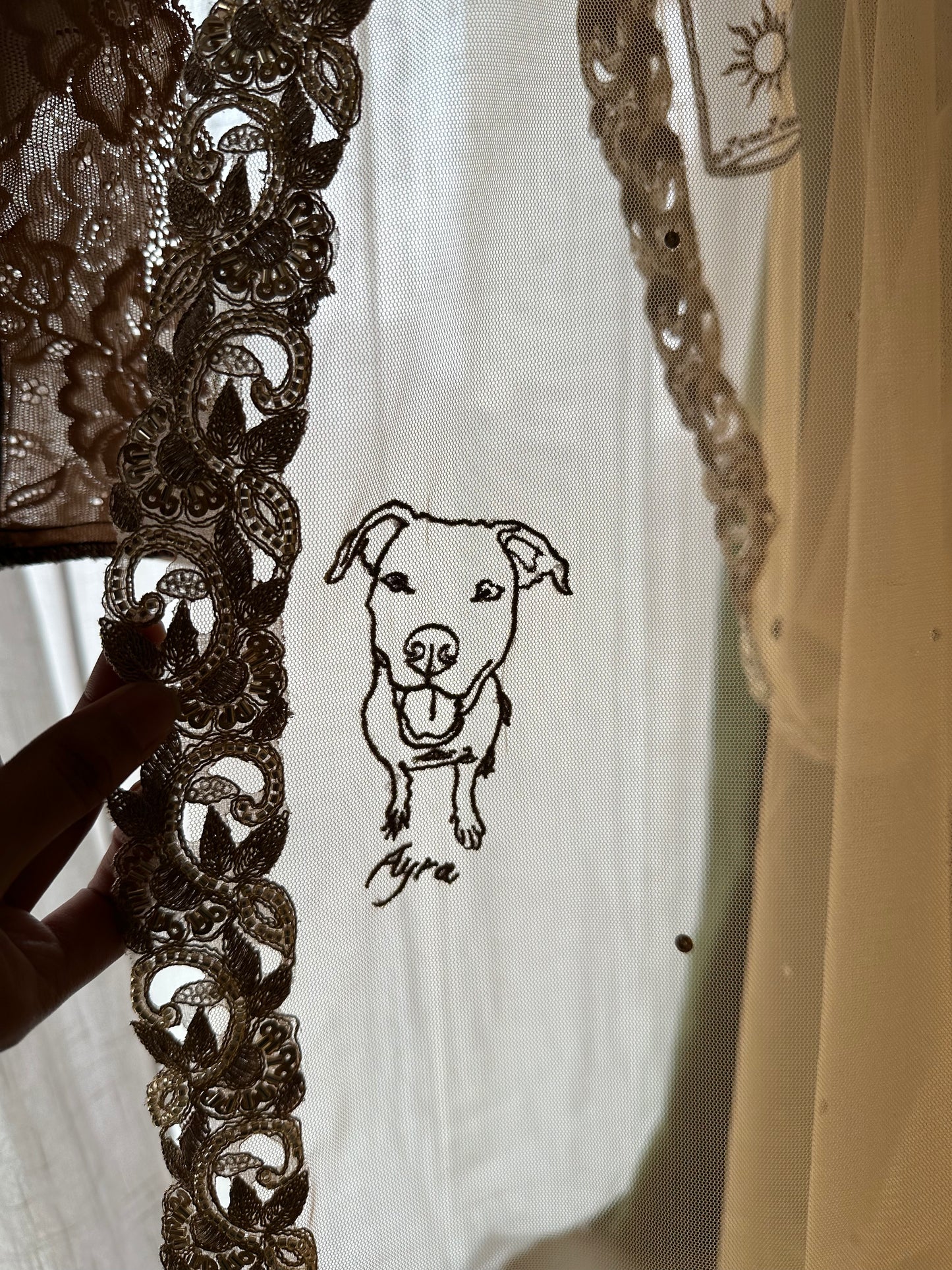 Golden Hour : A Love story veil in Golden with 10 Storytelling Motifs and Cut-work Floral Border