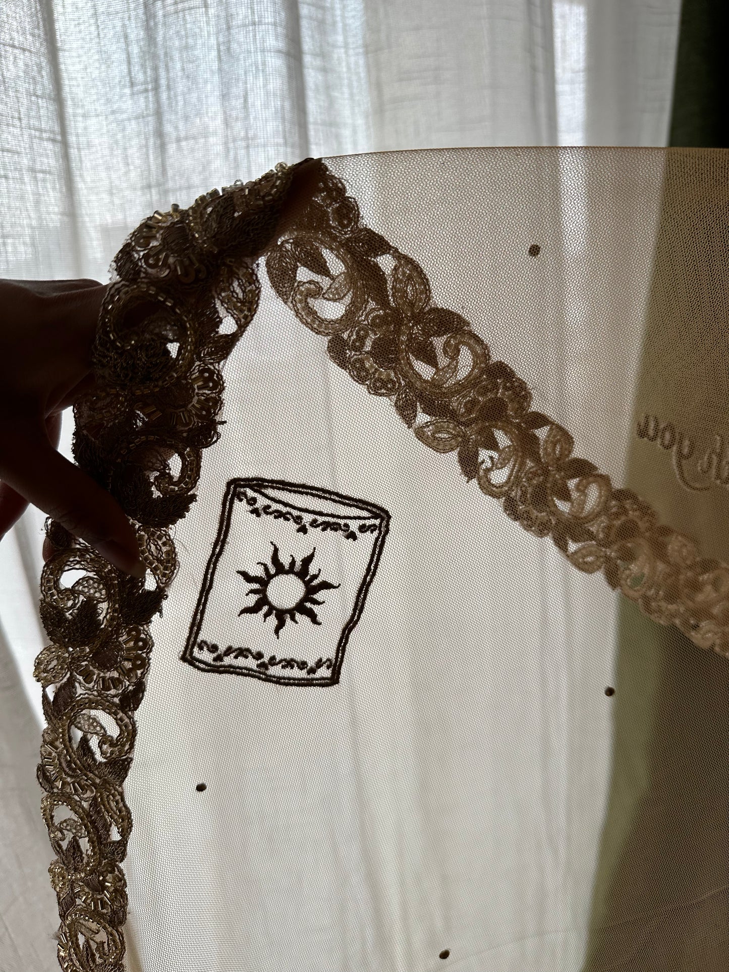 Golden Hour : A Love story veil in Golden with 10 Storytelling Motifs and Cut-work Floral Border