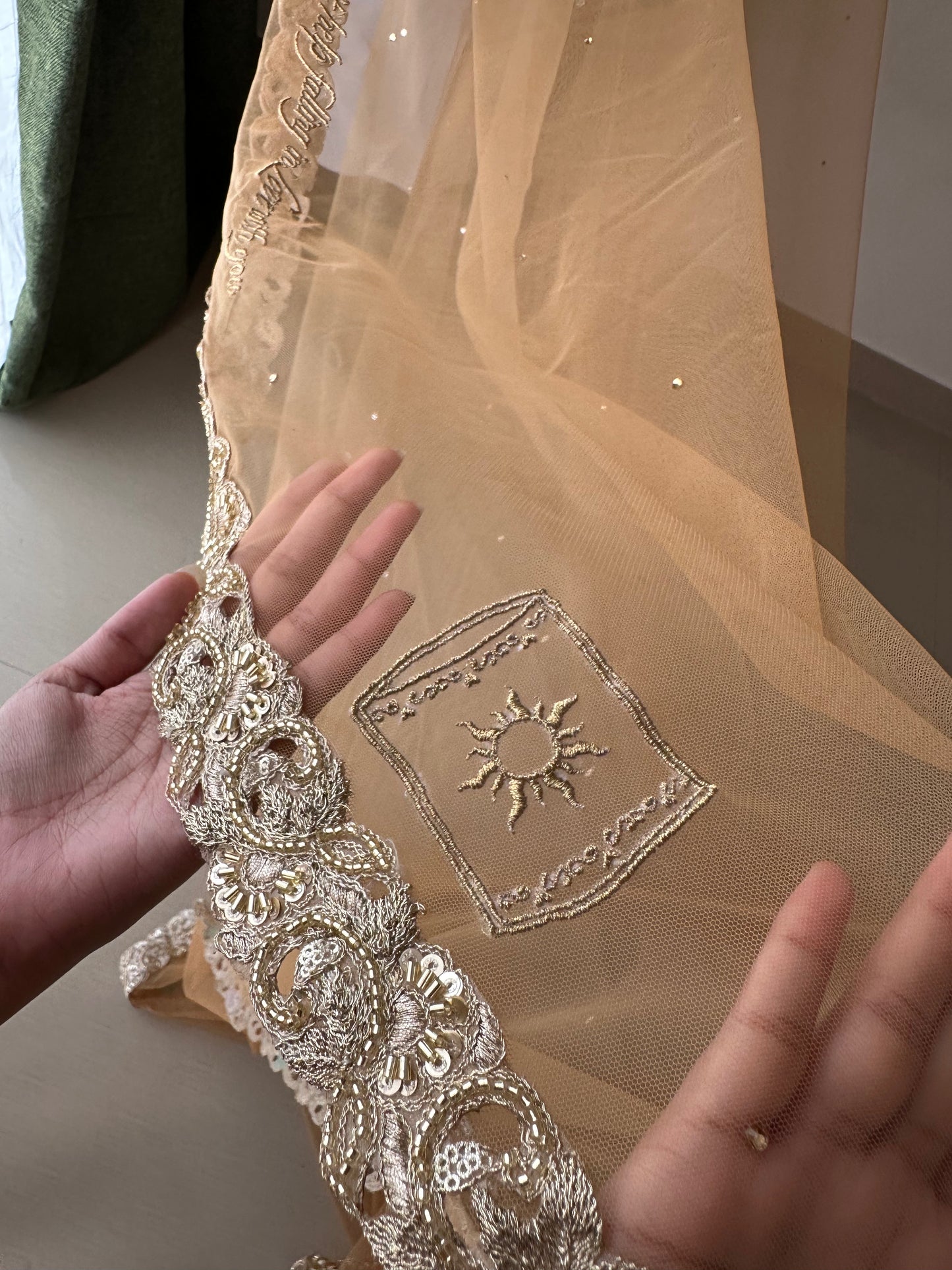 Golden Hour : A Love story veil in Golden with 10 Storytelling Motifs and Cut-work Floral Border