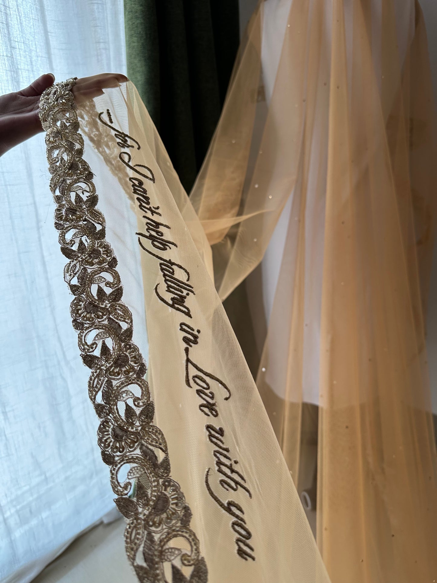 Golden Hour : A Love story veil in Golden with 10 Storytelling Motifs and Cut-work Floral Border