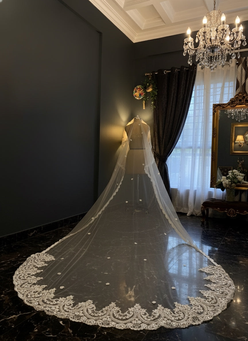 Victorious : A Beige Veil in Victorian style Trail work with personalised Groom's name