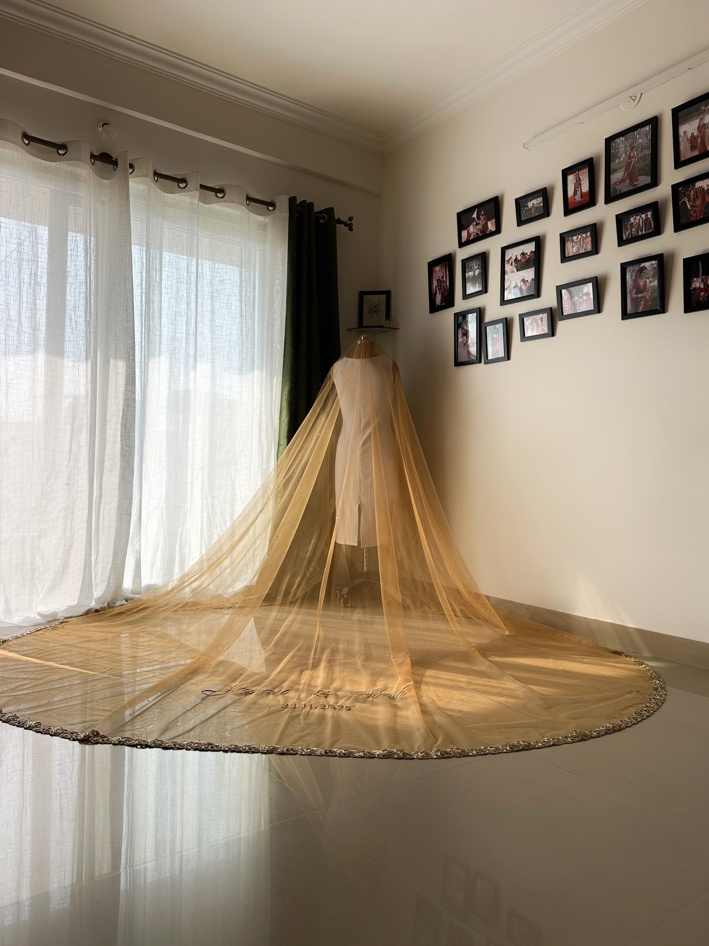 Golden Hour : A Love story veil in Golden with 10 Storytelling Motifs and Cut-work Floral Border