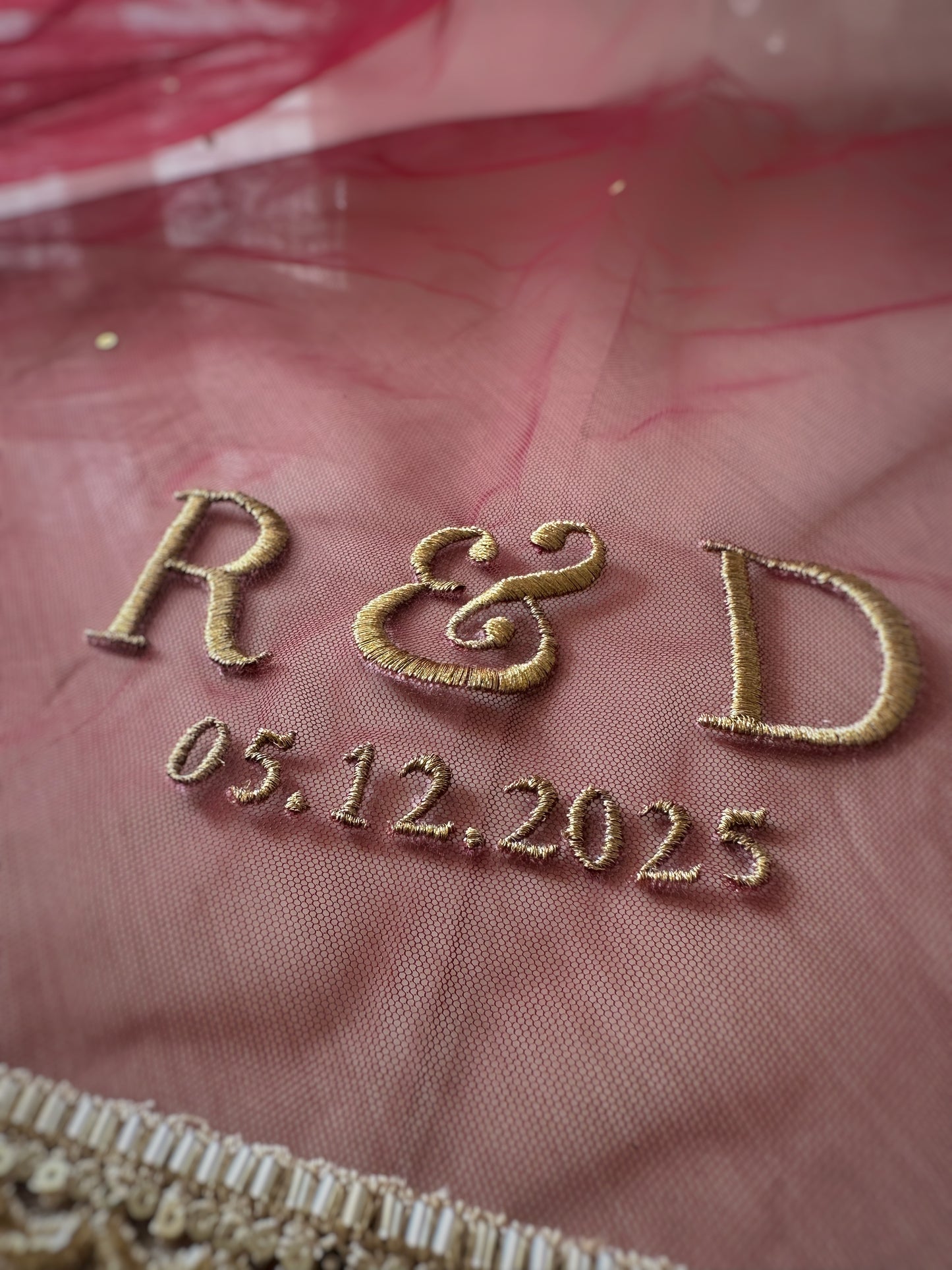 Elara : Minimal border chapel length veil with names of bride and groom personalised