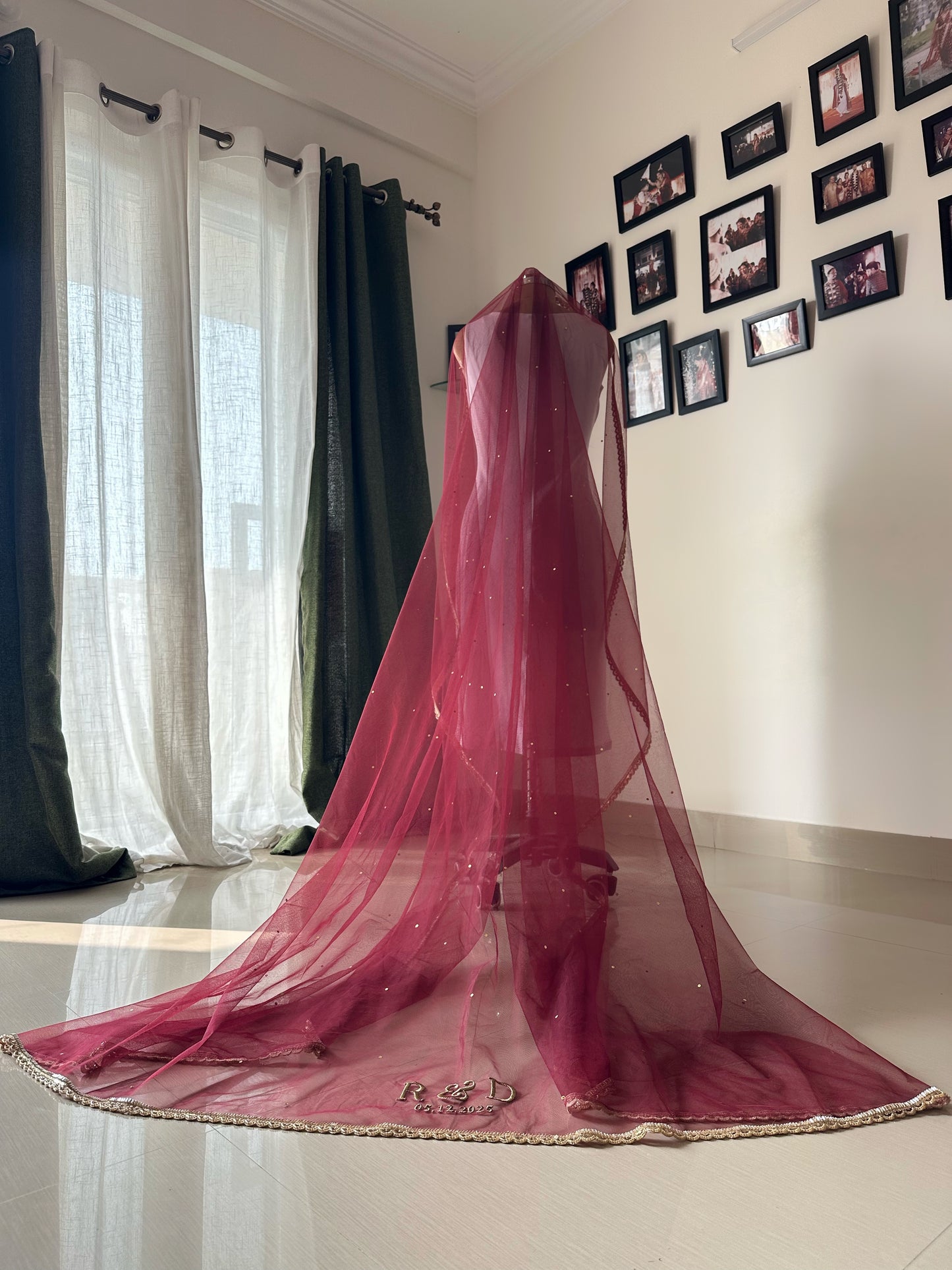 Elara : Minimal border chapel length veil with names of bride and groom personalised