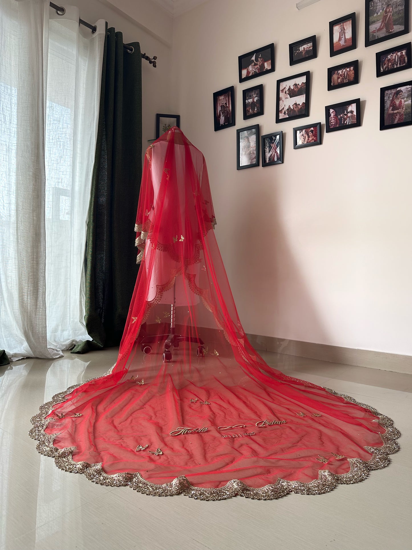 Enchanted Wings : A Red Bridal Veil with Stone-Studded Butterflies