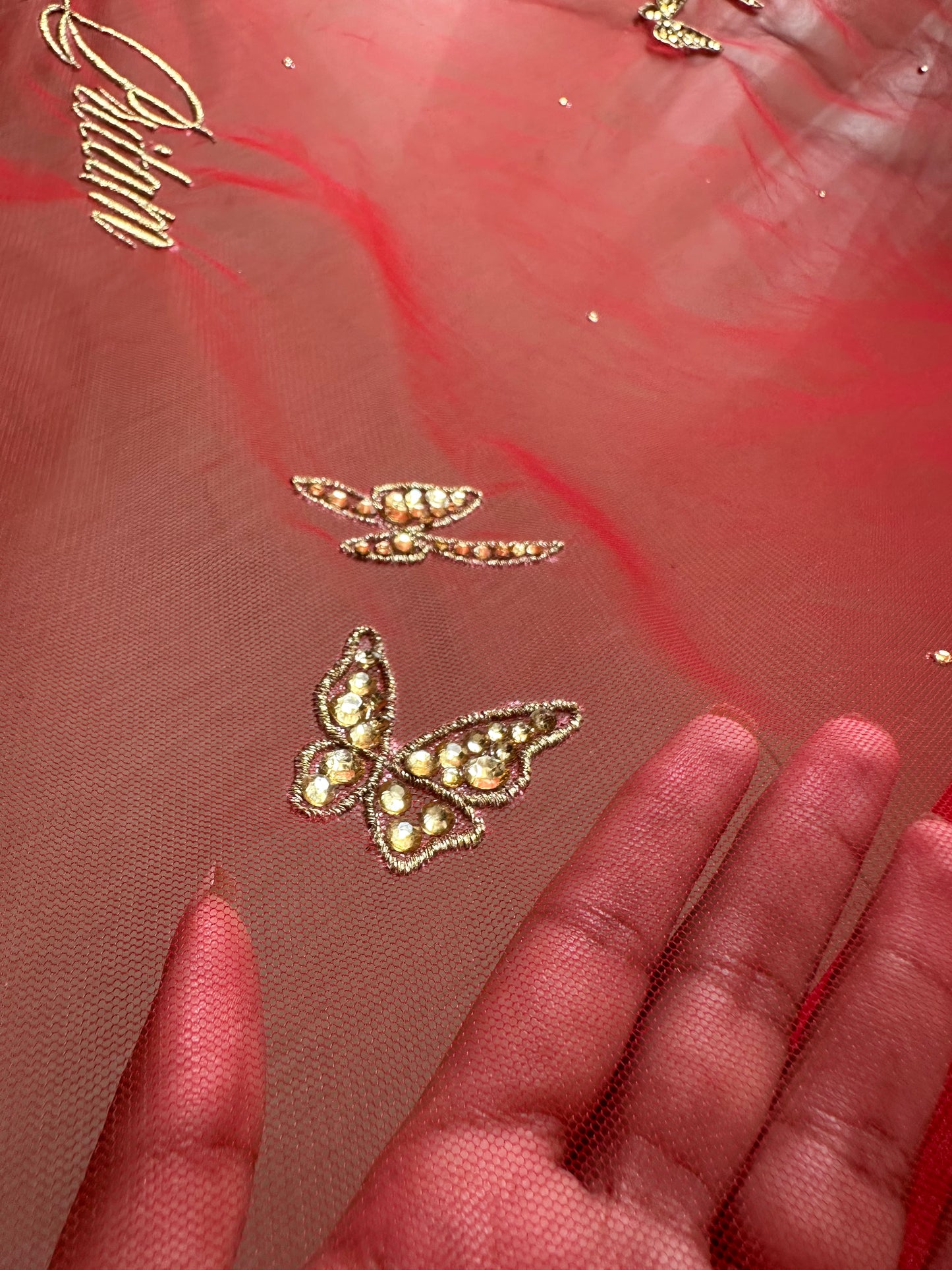 Enchanted Wings : A Red Bridal Veil with Stone-Studded Butterflies