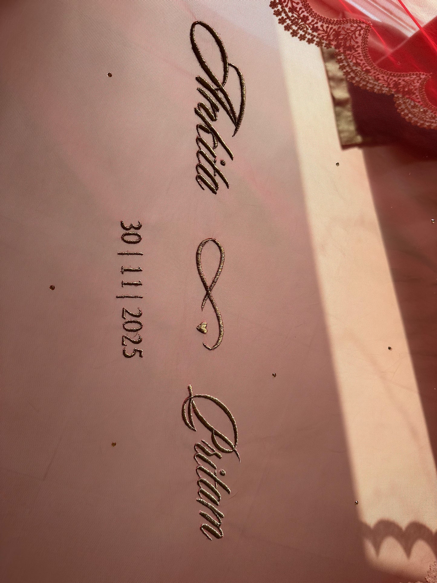 Enchanted Wings : A Red Bridal Veil with Stone-Studded Butterflies