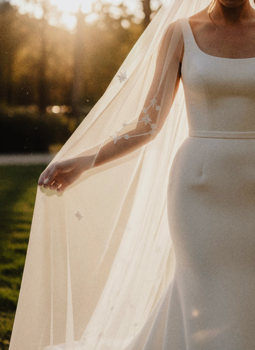 Celestia — The Embroidered Zodiac Veil in Ivory White