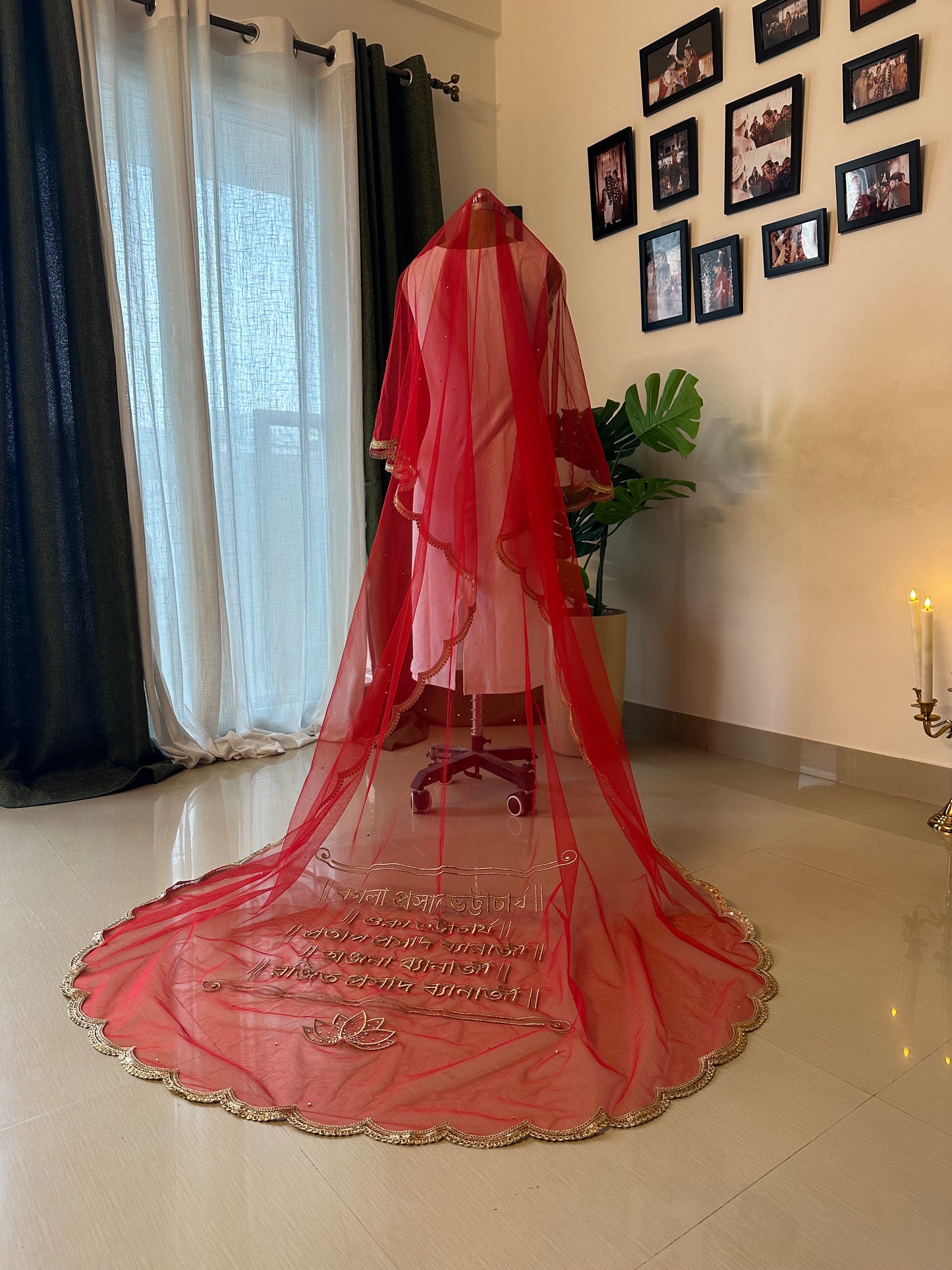 Suchipatra : A Handcrafted Red Cathedral Bridal Veil with Bengali fonts personalised