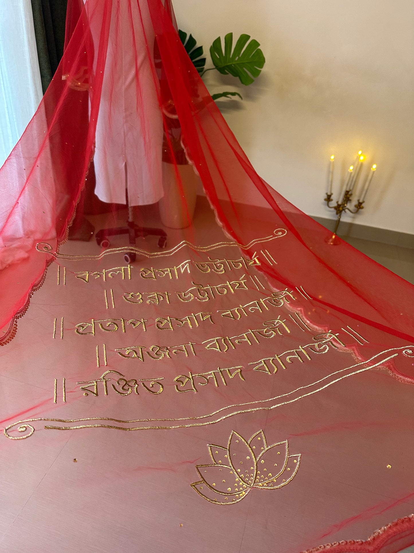 Suchipatra : A Handcrafted Red Cathedral Bridal Veil with Bengali fonts personalised