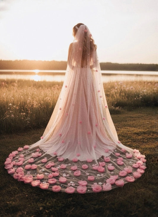 Garden of Dreams – Handcrafted 3D Floral Veil in Blush pink with Pearl Embellishments