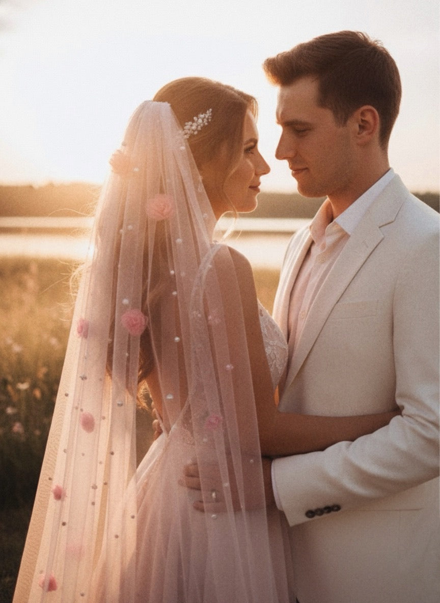 Garden of Dreams – Handcrafted 3D Floral Veil in Blush pink with Pearl Embellishments