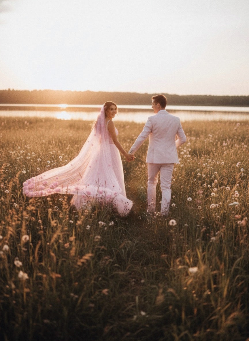 Garden of Dreams – Handcrafted 3D Floral Veil in Blush pink with Pearl Embellishments