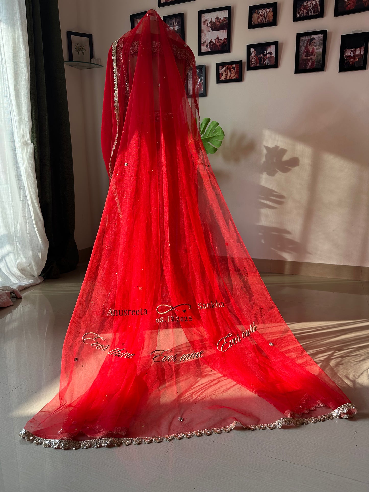 Anusreeta : Red Cathedral length Veil with Couple's name with infinity symbol ; wedding date & a quote